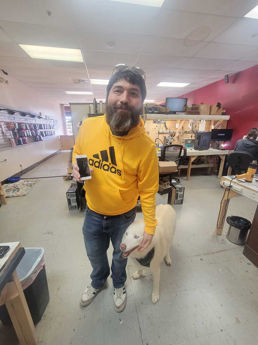 Damien, the owner, and his dog, Buddy.